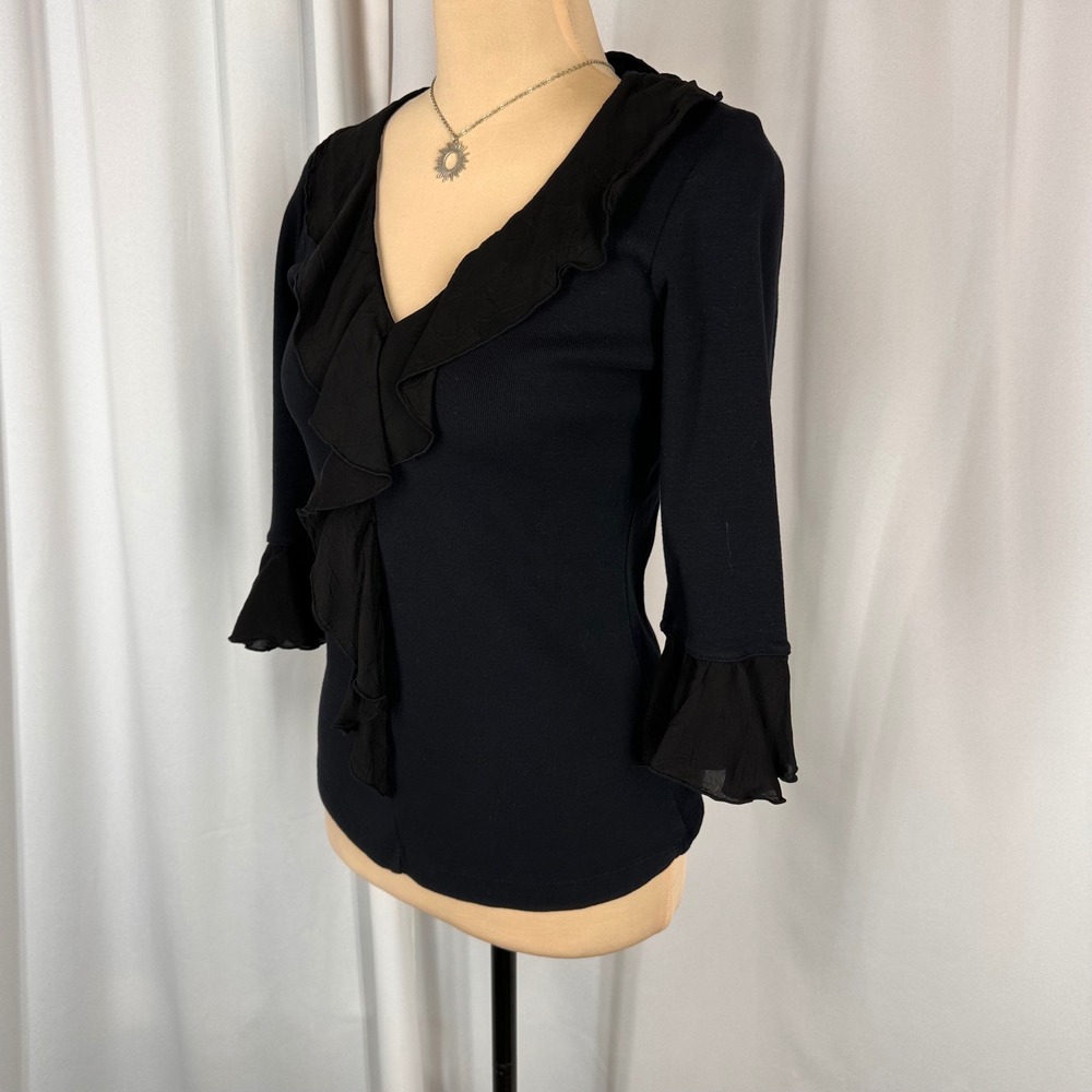 Barbara Lesser Fibers Black Ruffle V-Neck Cotton Top 3/4 Bell Sleeve Small - Picture 3 of 16